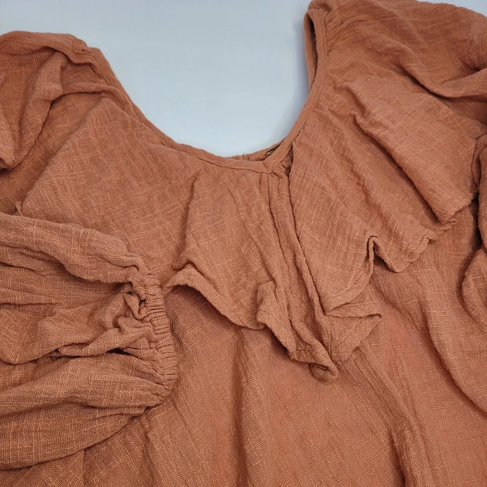 Free People – Zuri Orange Gauze Open Back Ruffle Puff Sleeve Crop‎ Blouse Size S